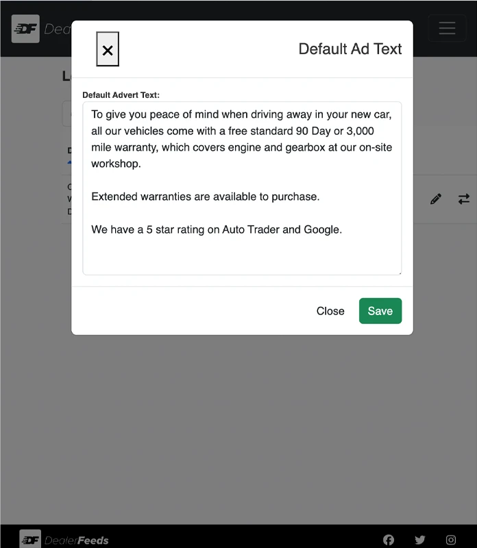 Default Vehicle Advert Text that appears on every advert