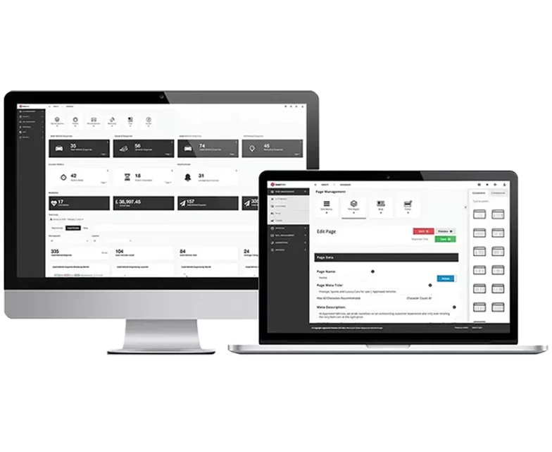 DealerCMS interface with drag-and-drop blocks, hero banner editor and motorhome/caravan showcase widgets